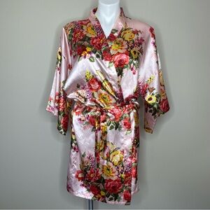 “Maid of Honor” Pink Floral Satin Kimono Wrap Dressing Gown